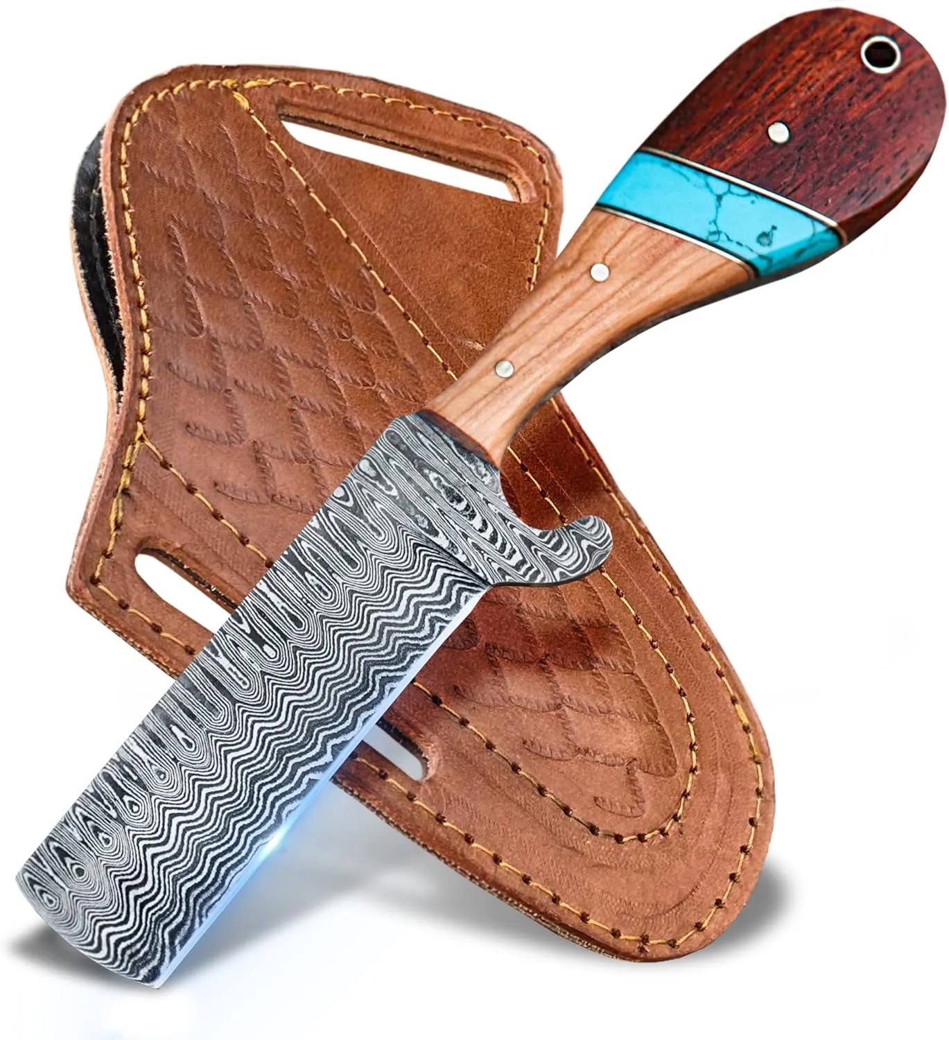 WarlocksClub Handmade Damascus Hunting Knife, 8" Fixed Blade Knife with Sheath, Full Tang Cowboy Knife, Skinning Knife, EDC Bull Cutter Knife for Outdoor Camping