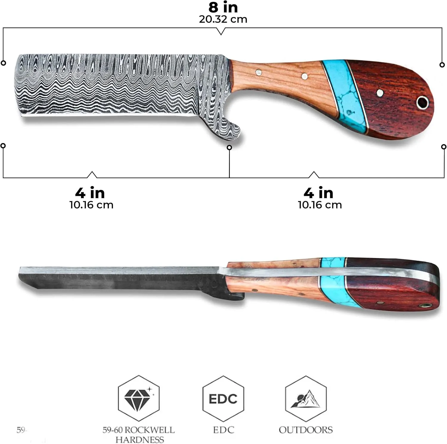 WarlocksClub Handmade Damascus Hunting Knife, 8" Fixed Blade Knife with Sheath, Full Tang Cowboy Knife, Skinning Knife, EDC Bull Cutter Knife for Outdoor Camping