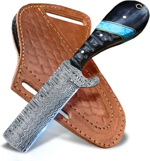 WarlocksClub Handmade Damascus Hunting Knife, 8" Fixed Blade Knife with Sheath, Full Tang Cowboy Knife, Skinning Knife, EDC Bull Cutter Knife for Outdoor Camping