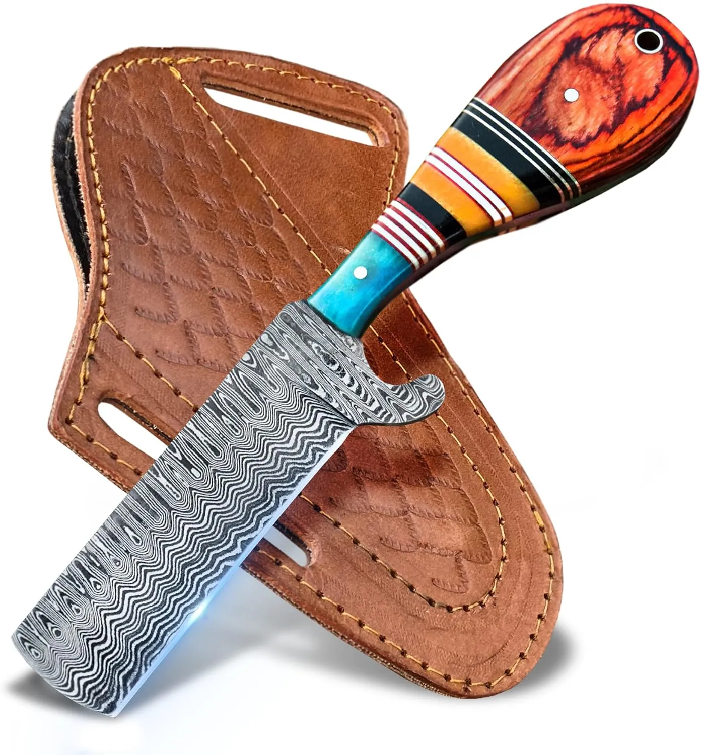 WarlocksClub Handmade Damascus Hunting Knife, 8" Fixed Blade Knife with Sheath, Full Tang Cowboy Knife, Skinning Knife, EDC Bull Cutter Knife for Outdoor Camping