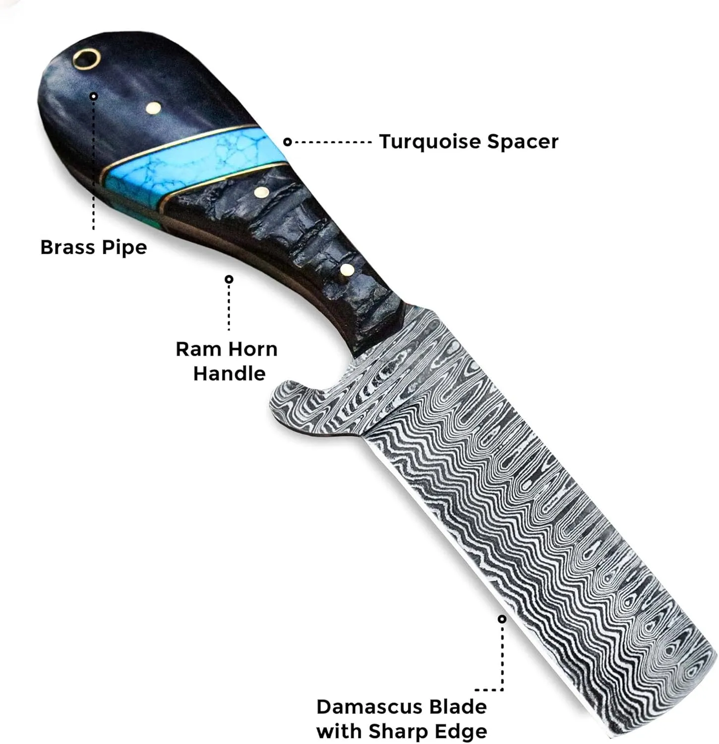 WarlocksClub Handmade Damascus Hunting Knife, 8" Fixed Blade Knife with Sheath, Full Tang Cowboy Knife, Skinning Knife, EDC Bull Cutter Knife for Outdoor Camping