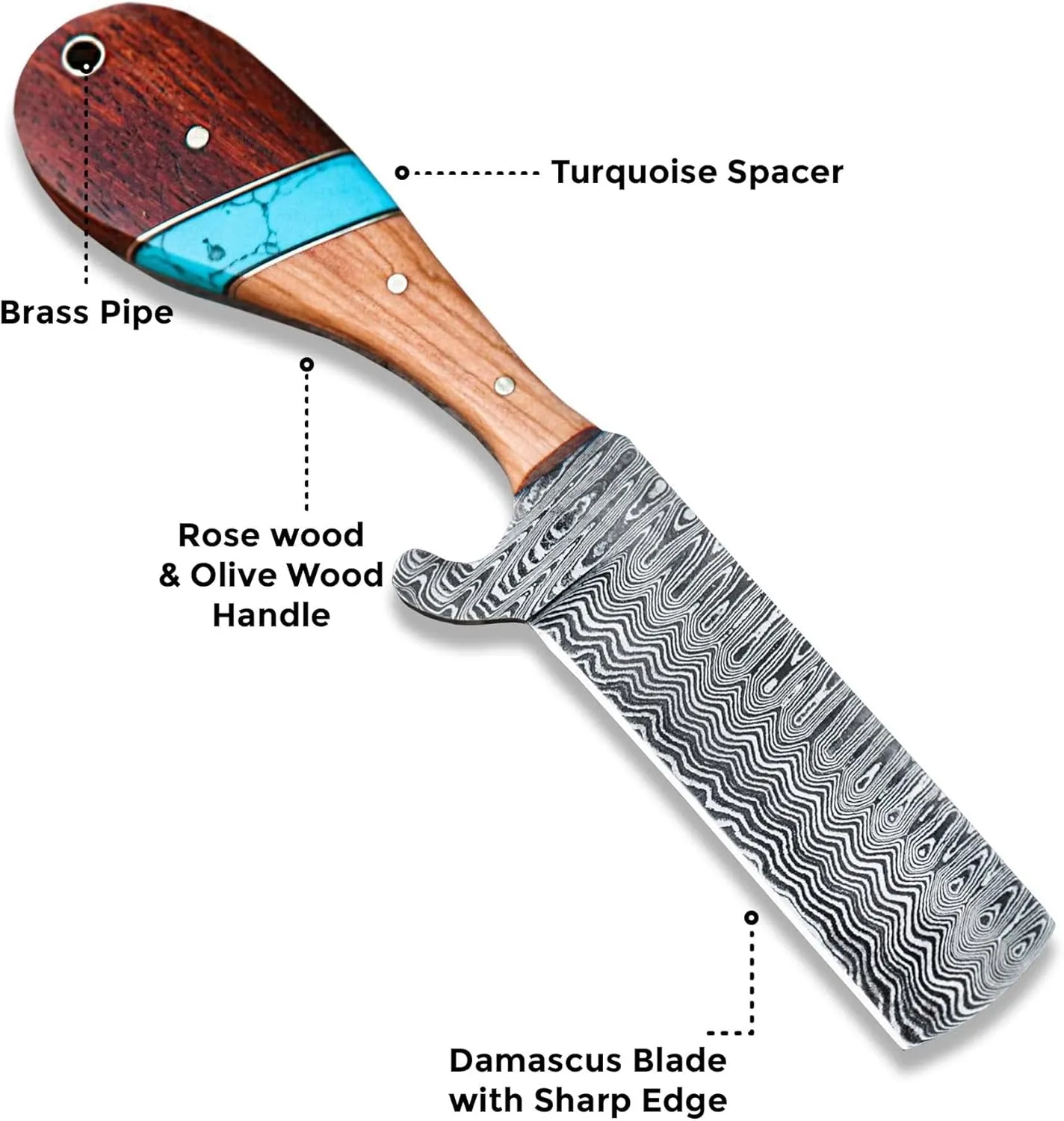 WarlocksClub Handmade Damascus Hunting Knife, 8" Fixed Blade Knife with Sheath, Full Tang Cowboy Knife, Skinning Knife, EDC Bull Cutter Knife for Outdoor Camping