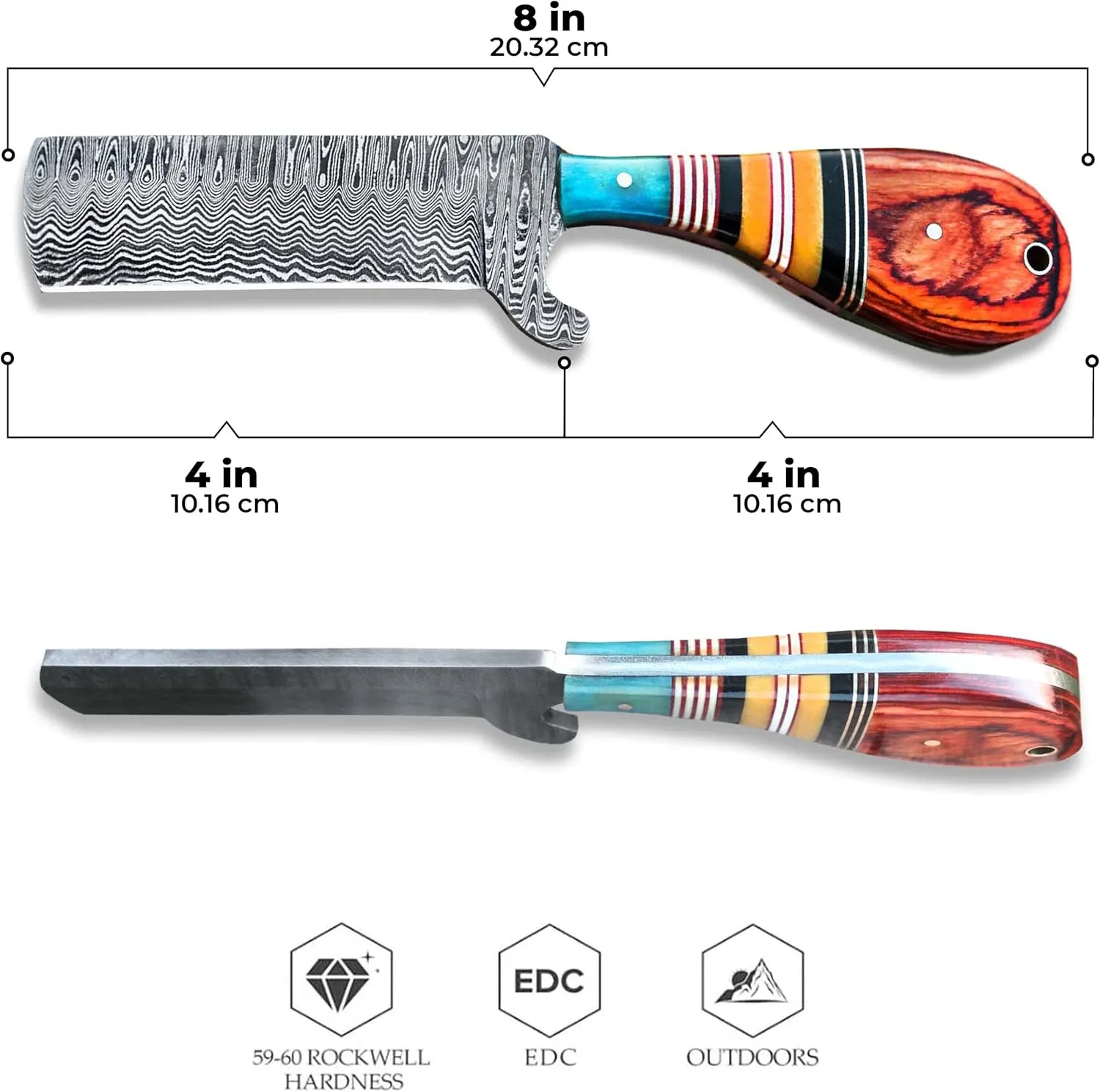 WarlocksClub Handmade Damascus Hunting Knife, 8" Fixed Blade Knife with Sheath, Full Tang Cowboy Knife, Skinning Knife, EDC Bull Cutter Knife for Outdoor Camping