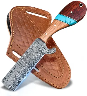 WarlocksClub Handmade Damascus Hunting Knife, 8" Fixed Blade Knife with Sheath, Full Tang Cowboy Knife, Skinning Knife, EDC Bull Cutter Knife for Outdoor Camping