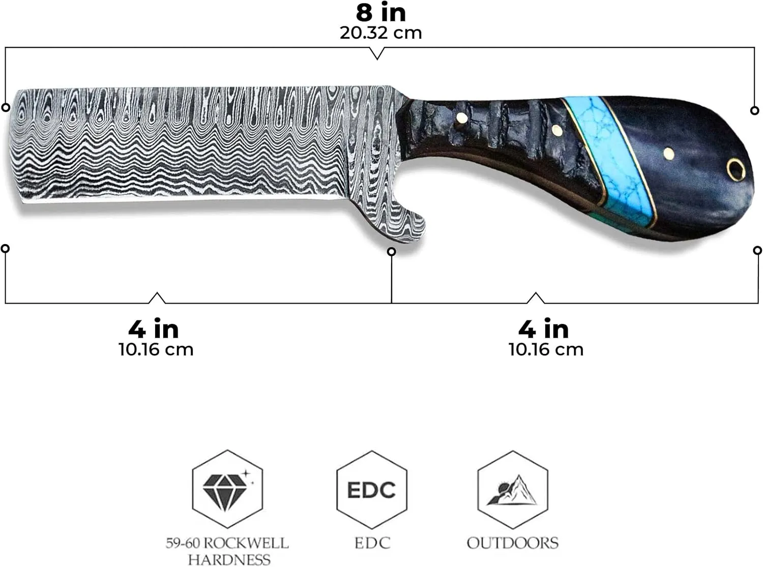 WarlocksClub Handmade Damascus Hunting Knife, 8" Fixed Blade Knife with Sheath, Full Tang Cowboy Knife, Skinning Knife, EDC Bull Cutter Knife for Outdoor Camping