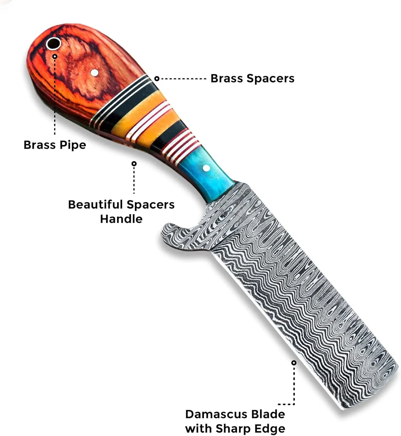 WarlocksClub Handmade Damascus Hunting Knife, 8" Fixed Blade Knife with Sheath, Full Tang Cowboy Knife, Skinning Knife, EDC Bull Cutter Knife for Outdoor Camping