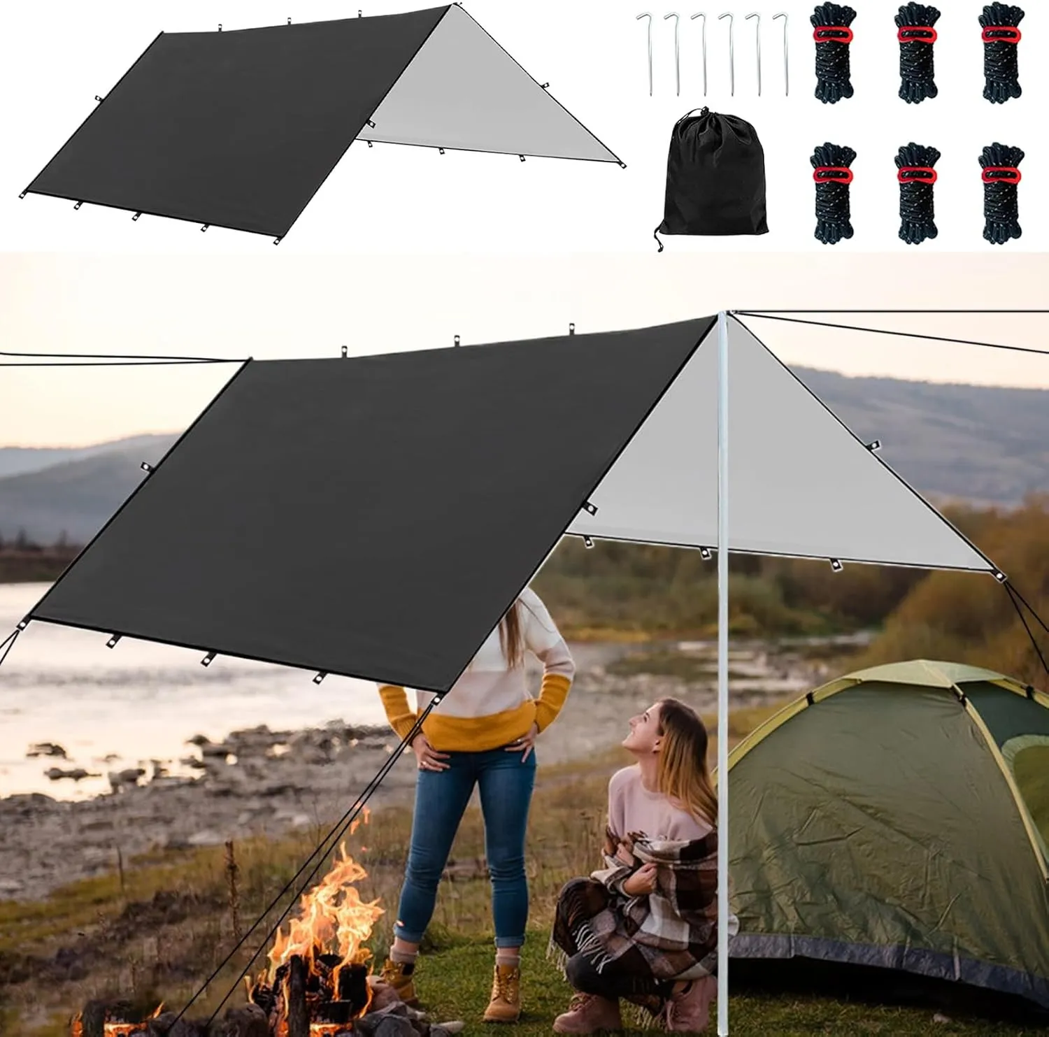 Waterproof Tent Tarp, Camping Tarp, Camping Shelter Cover, Weatherproof Outdoor Blanket, UV-Resistant Fabric, Compact Foldable, Black, Hiking Picnic Survival Setup