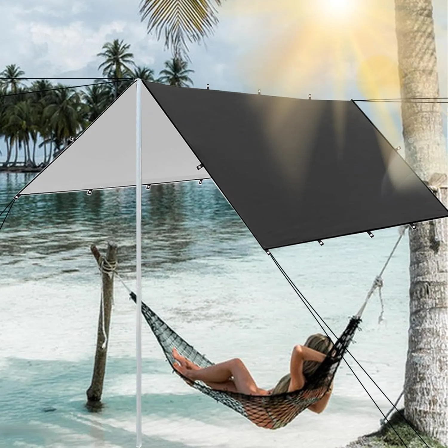 Waterproof Tent Tarp, Camping Tarp, Camping Shelter Cover, Weatherproof Outdoor Blanket, UV-Resistant Fabric, Compact Foldable, Black, Hiking Picnic Survival Setup