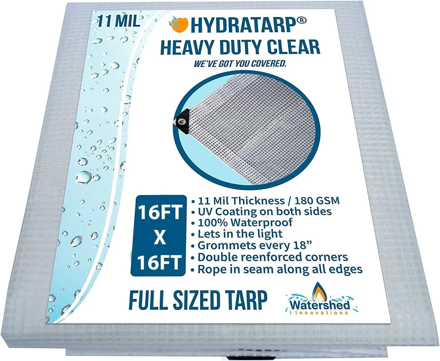 Watershed Innovations HydraTarp, UV Coated 11 Mil Thick Clear Greenhouse Tarp for Outdoor Camping, RV, Trucks and Trailers, 16 by 16 Feet