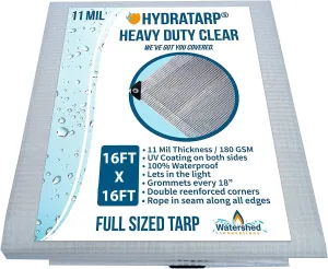Watershed Innovations HydraTarp, UV Coated 11 Mil Thick Clear Greenhouse Tarp for Outdoor Camping, RV, Trucks and Trailers, 16 by 16 Feet