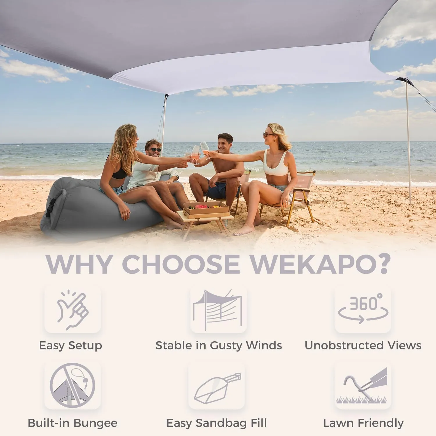 WEKAPO Beach Shade Canopy, 7x7 FT Beach Tent Sun Shelter with 4 Poles, Large Sand Shovel and Ground Pegs, UPF 50  Outdoor Shade for Camping Trips, Fishing (Grey, 7x7 FT 4 Pole)