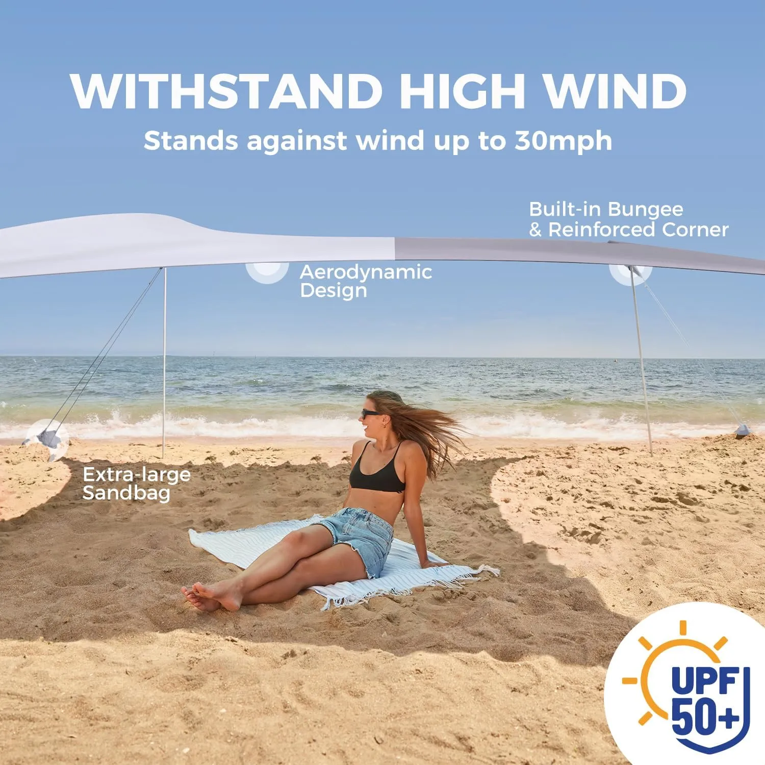 WEKAPO Beach Shade Canopy, 7x7 FT Beach Tent Sun Shelter with 4 Poles, Large Sand Shovel and Ground Pegs, UPF 50  Outdoor Shade for Camping Trips, Fishing (Grey, 7x7 FT 4 Pole)