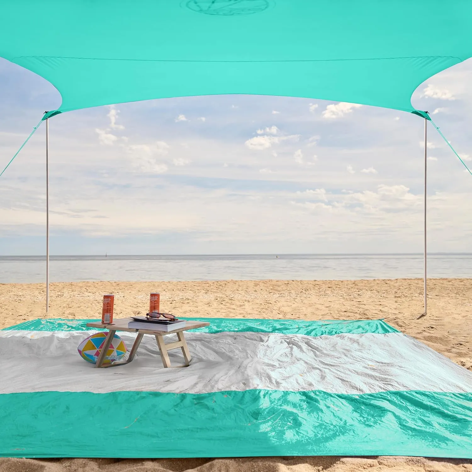 WEKAPO Beach Tent Sun Shelter - Easy Setup Beach Canopy with 4 Sturdy Poles, Large Sandbags and Shovel, 7'1'' Tall, Windproof Sun Shade for Backyard and Camping, UPF 50  Protection