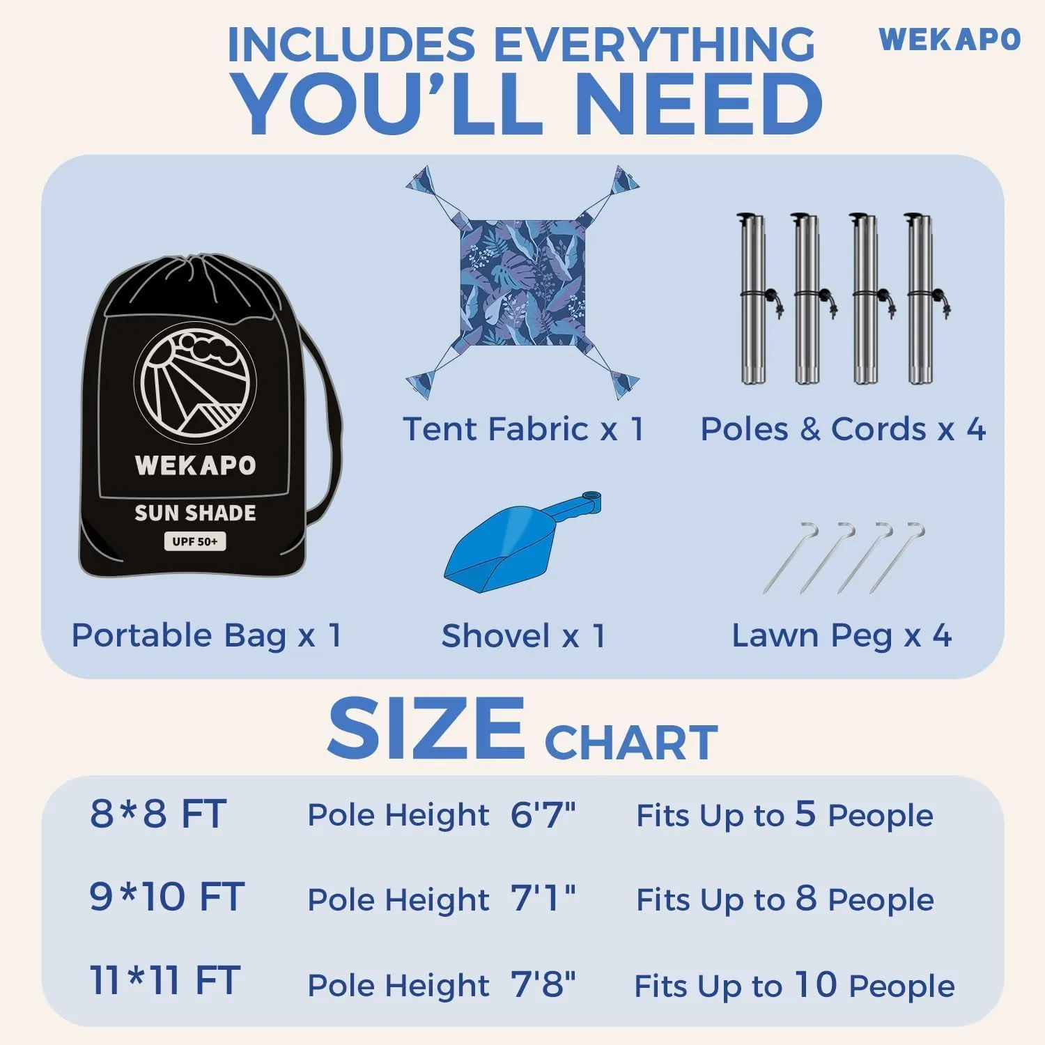 WEKAPO Beach Tent Sun Shelter - Easy Setup Beach Canopy with 4 Sturdy Poles, Large Sandbags and Shovel, 7'1'' Tall, Windproof Sun Shade for Backyard and Camping, UPF 50  Protection