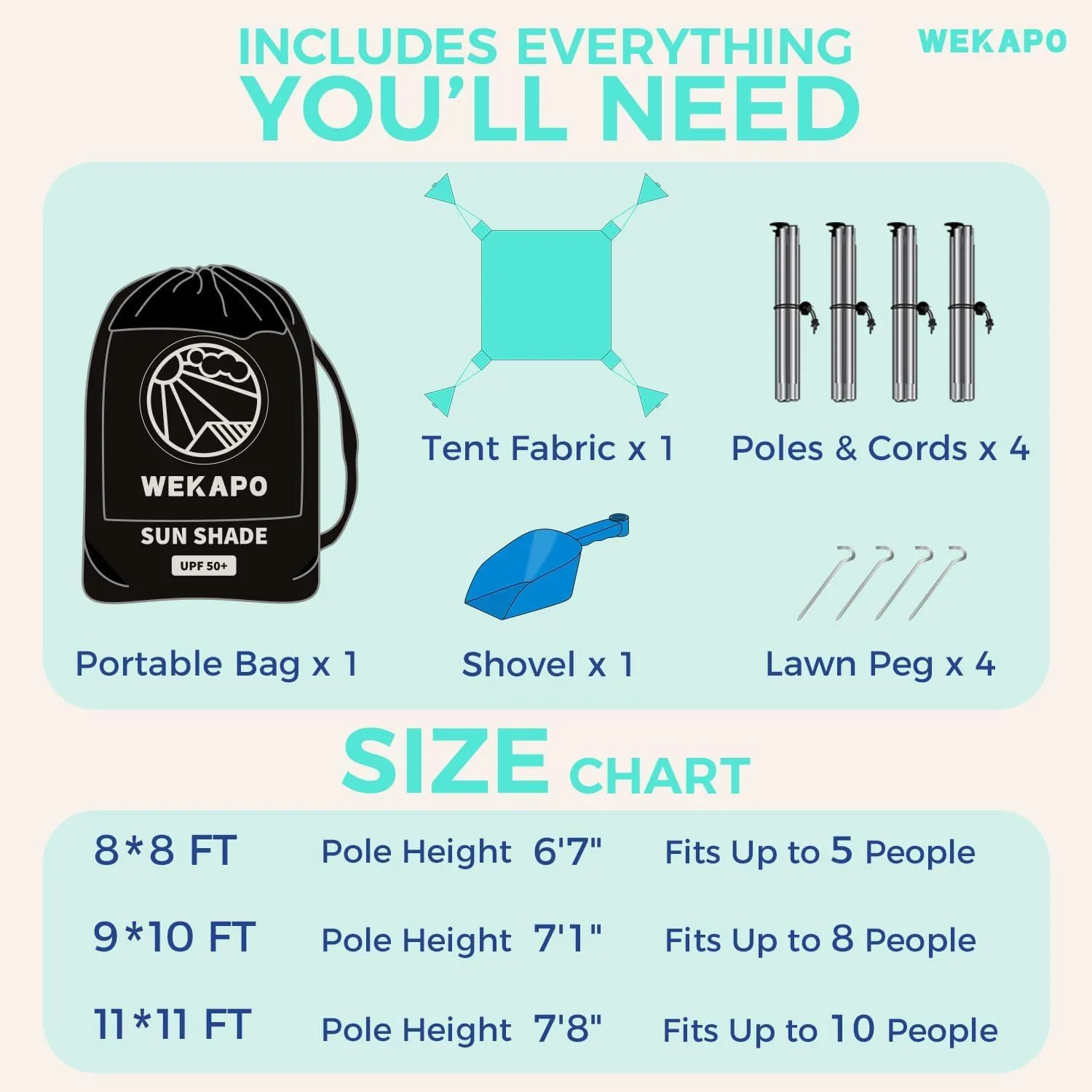 WEKAPO Beach Tent Sun Shelter - Easy Setup Beach Canopy with 4 Sturdy Poles, Large Sandbags and Shovel, 7'1'' Tall, Windproof Sun Shade for Backyard and Camping, UPF 50  Protection