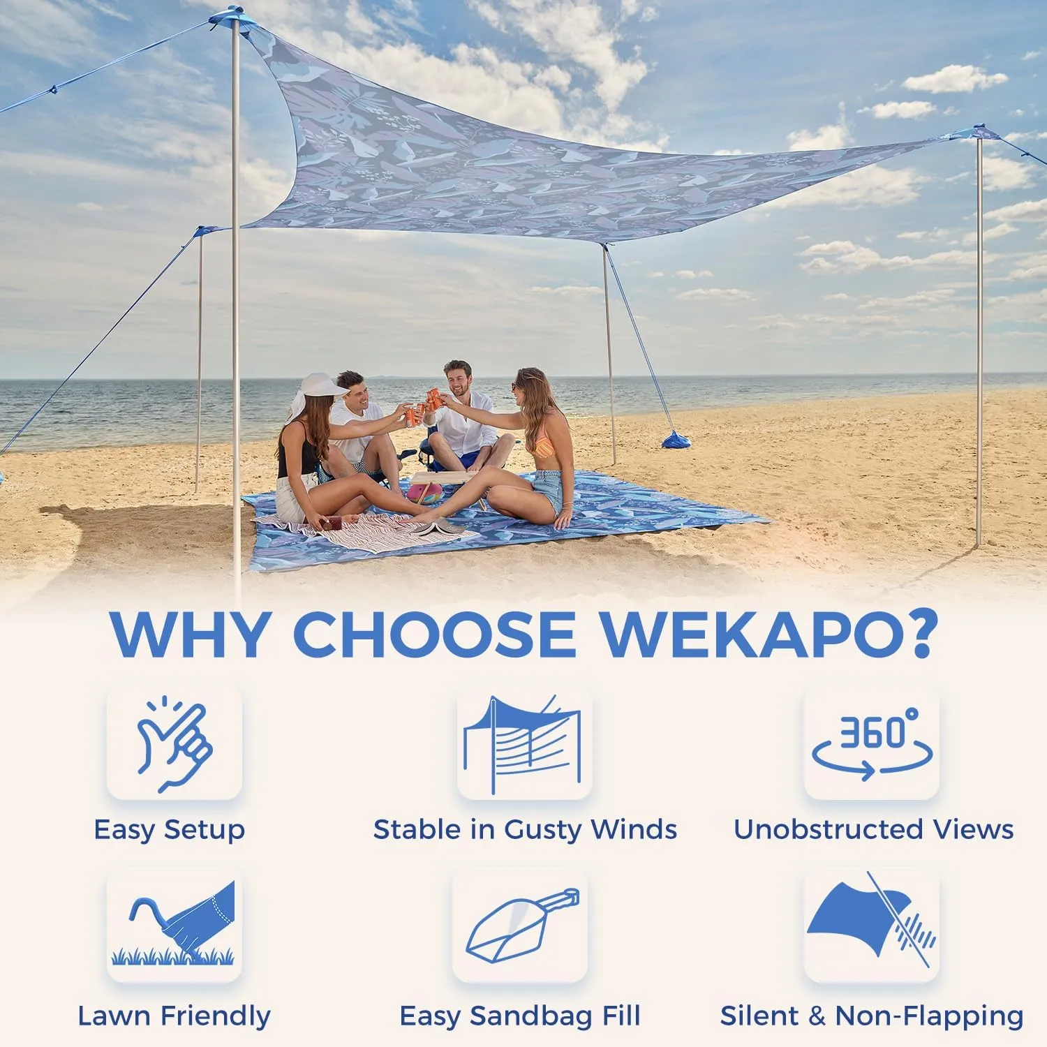 WEKAPO Beach Tent Sun Shelter - Easy Setup Beach Canopy with 4 Sturdy Poles, Large Sandbags and Shovel, 7'1'' Tall, Windproof Sun Shade for Backyard and Camping, UPF 50  Protection