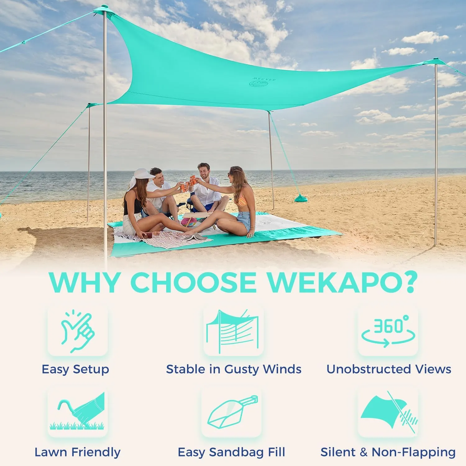 WEKAPO Beach Tent Sun Shelter - Easy Setup Beach Canopy with 4 Sturdy Poles, Large Sandbags and Shovel, 7'1'' Tall, Windproof Sun Shade for Backyard and Camping, UPF 50  Protection