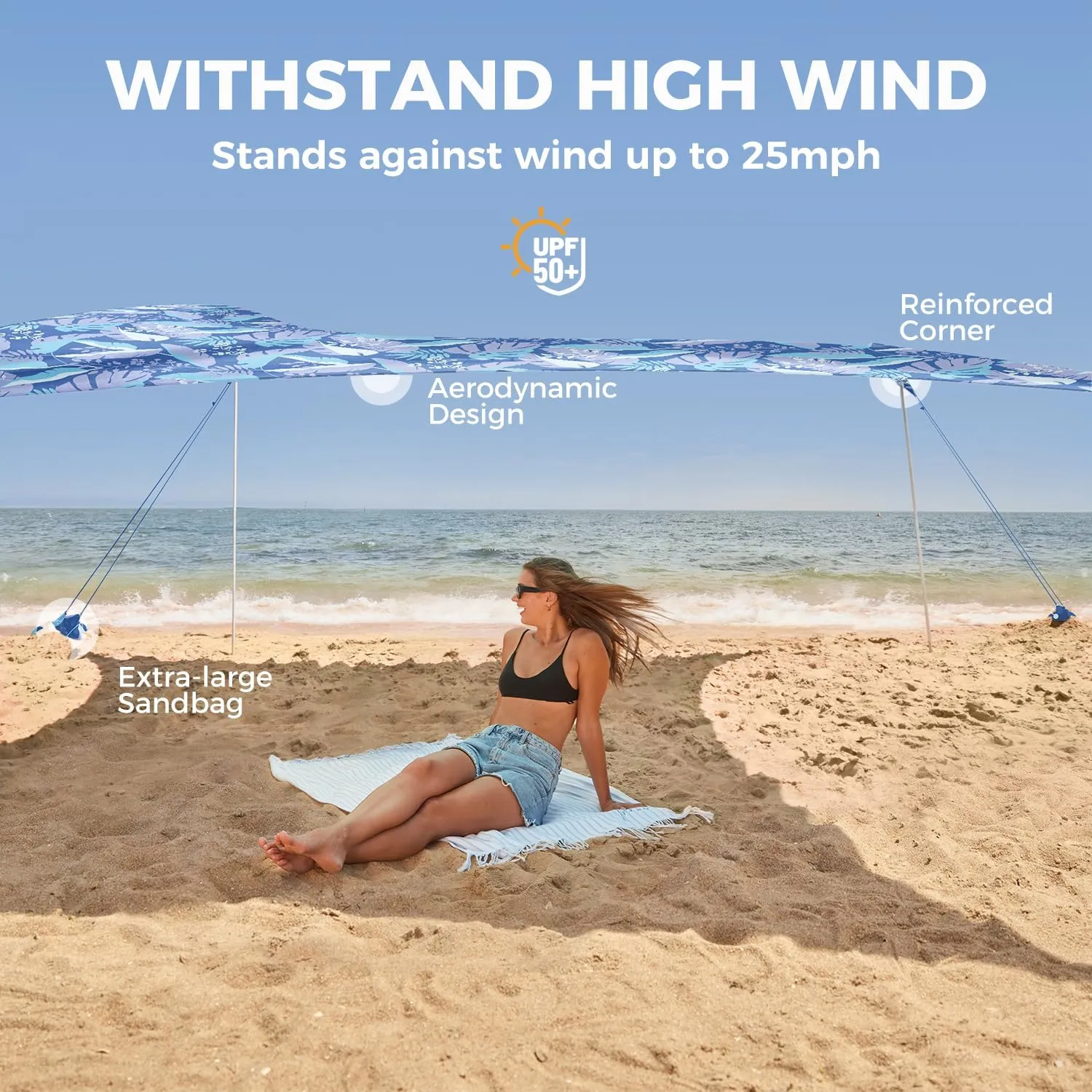 WEKAPO Beach Tent Sun Shelter - Easy Setup Beach Canopy with 4 Sturdy Poles, Large Sandbags and Shovel, 7'1'' Tall, Windproof Sun Shade for Backyard and Camping, UPF 50  Protection