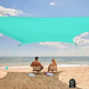 WEKAPO Beach Tent Sun Shelter - Easy Setup Beach Canopy with 4 Sturdy Poles, Large Sandbags and Shovel, 7'1'' Tall, Windproof Sun Shade for Backyard and Camping, UPF 50  Protection
