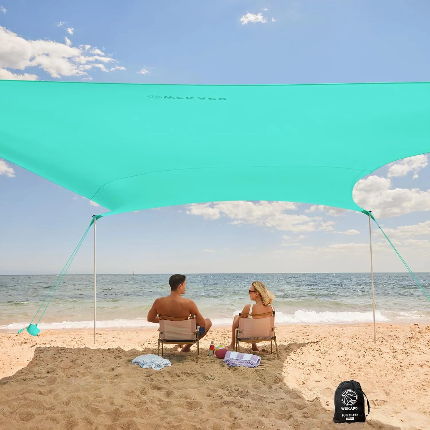 WEKAPO Beach Tent Sun Shelter - Easy Setup Beach Canopy with 4 Sturdy Poles, Large Sandbags and Shovel, 7'1'' Tall, Windproof Sun Shade for Backyard and Camping, UPF 50  Protection
