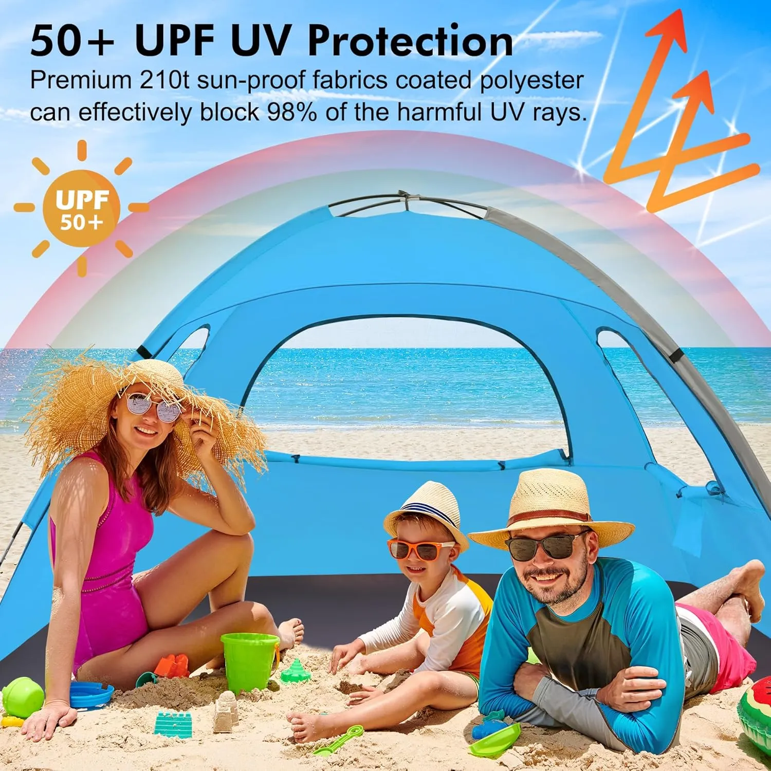 WhiteFang Beach Tent Anti-UV Portable Sun Shade Shelter for 3/4/6/8 Person, Extendable Floor with 3 Ventilating Mesh Windows Plus Carrying Bag, Stakes and Guy Lines