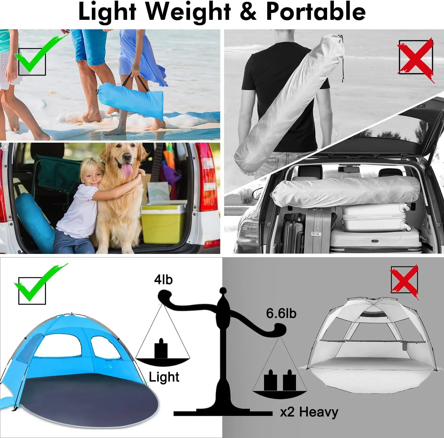 WhiteFang Beach Tent Anti-UV Portable Sun Shade Shelter for 3/4/6/8 Person, Extendable Floor with 3 Ventilating Mesh Windows Plus Carrying Bag, Stakes and Guy Lines