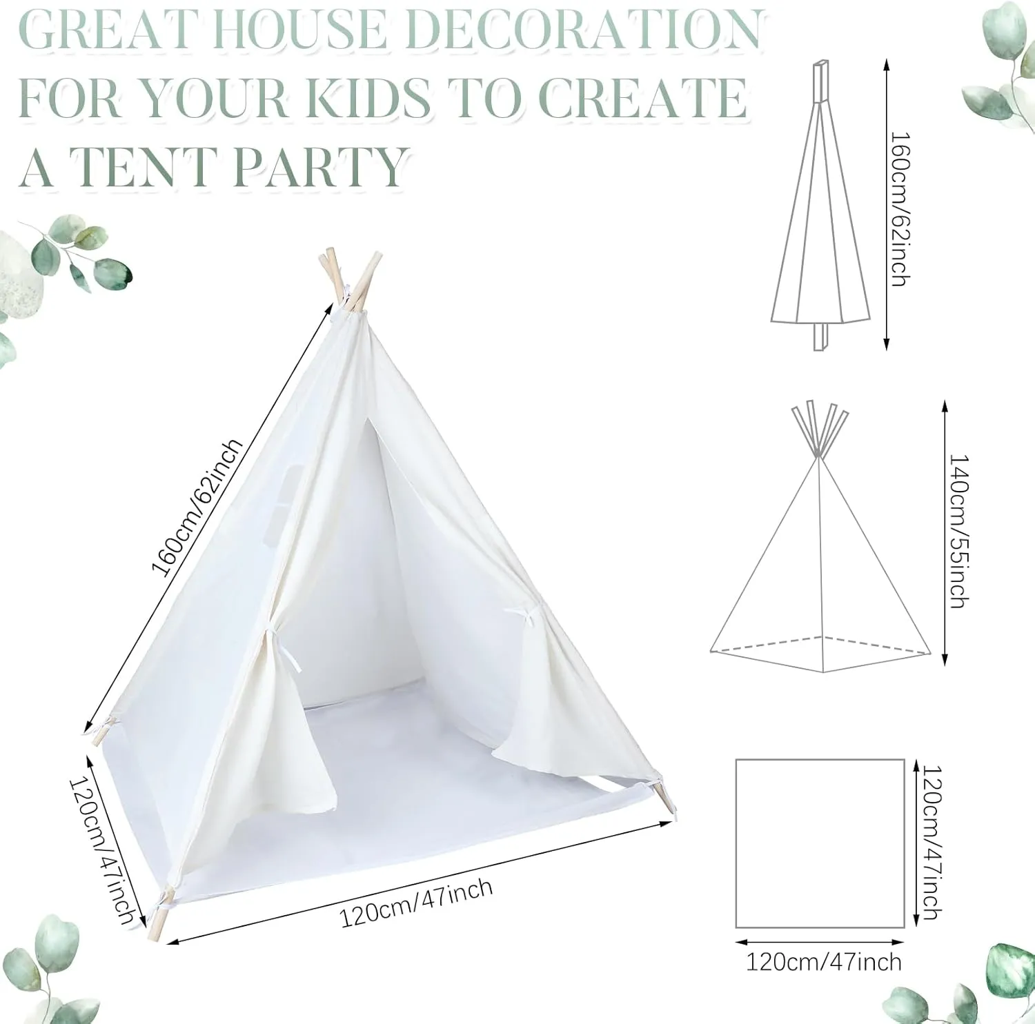 Windyun 4 Pack Teepee Tents for Kids Children Play Tipi Tent Indoor Outdoor for Boys Girls Toddler Washable Playhouse, Cotton Canvas Foldable Play Teepee(63 Inch,Beige)