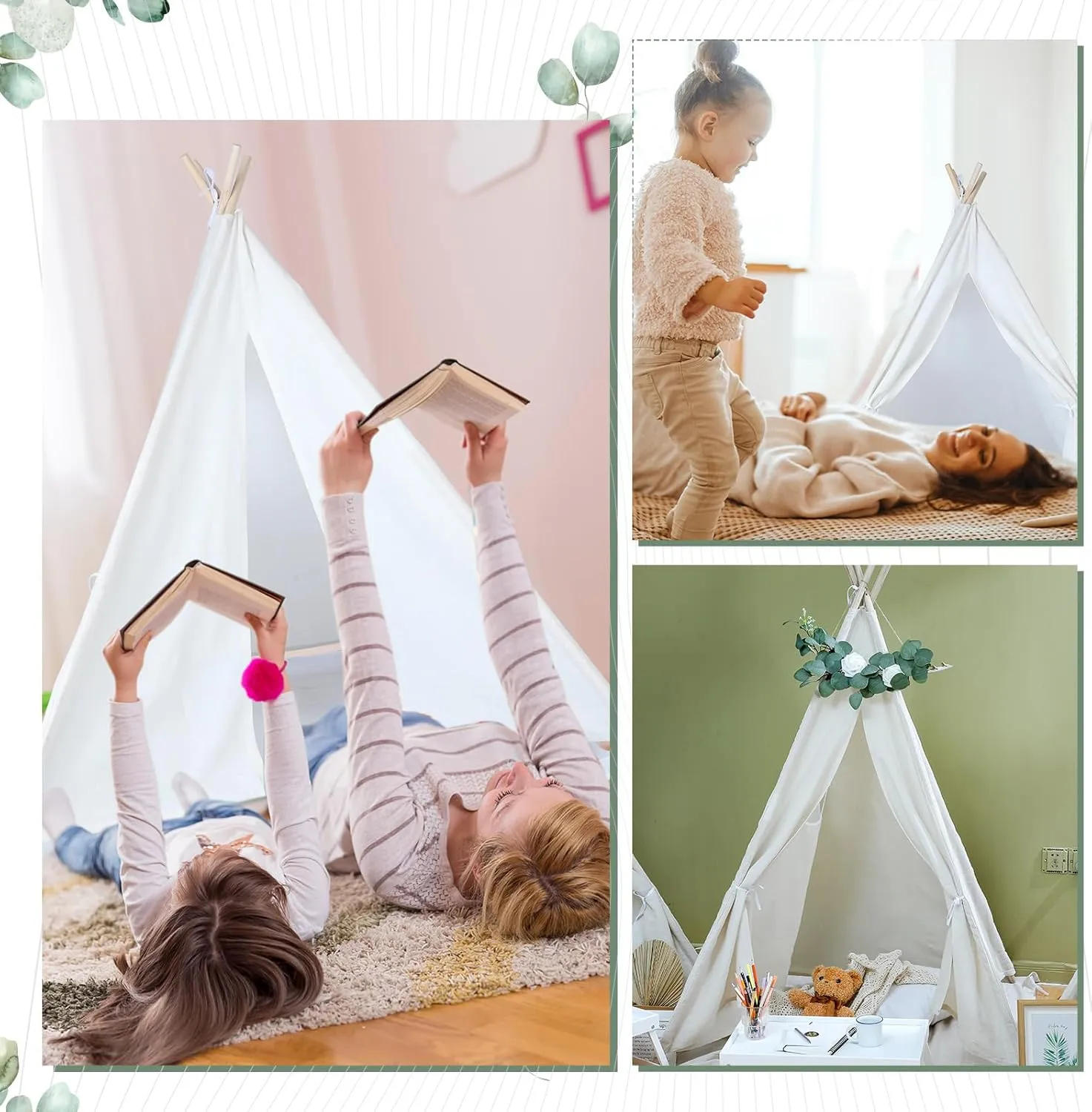Windyun 4 Pack Teepee Tents for Kids Children Play Tipi Tent Indoor Outdoor for Boys Girls Toddler Washable Playhouse, Cotton Canvas Foldable Play Teepee(63 Inch,Beige)