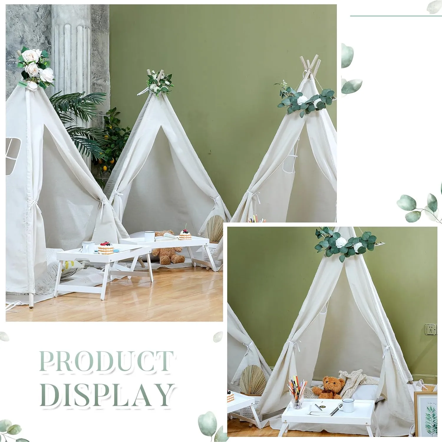 Windyun 4 Pack Teepee Tents for Kids Children Play Tipi Tent Indoor Outdoor for Boys Girls Toddler Washable Playhouse, Cotton Canvas Foldable Play Teepee(63 Inch,Beige)