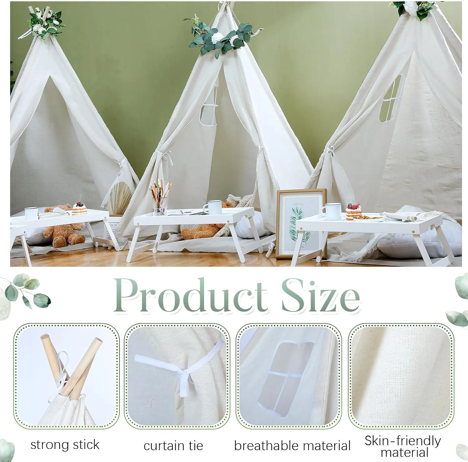 Windyun 4 Pack Teepee Tents for Kids Children Play Tipi Tent Indoor Outdoor for Boys Girls Toddler Washable Playhouse, Cotton Canvas Foldable Play Teepee(63 Inch,Beige)