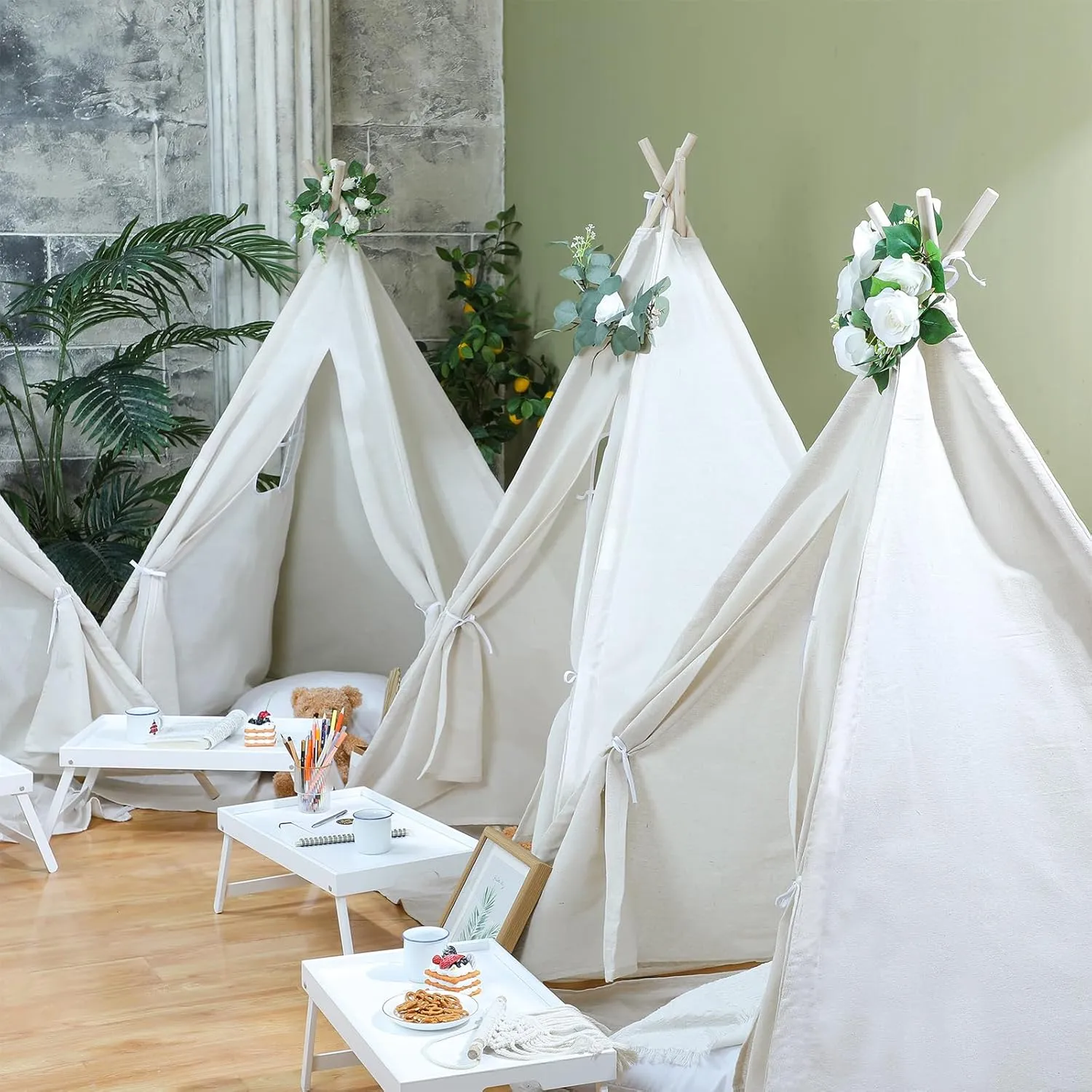 Windyun 4 Pack Teepee Tents for Kids Children Play Tipi Tent Indoor Outdoor for Boys Girls Toddler Washable Playhouse, Cotton Canvas Foldable Play Teepee(63 Inch,Beige)