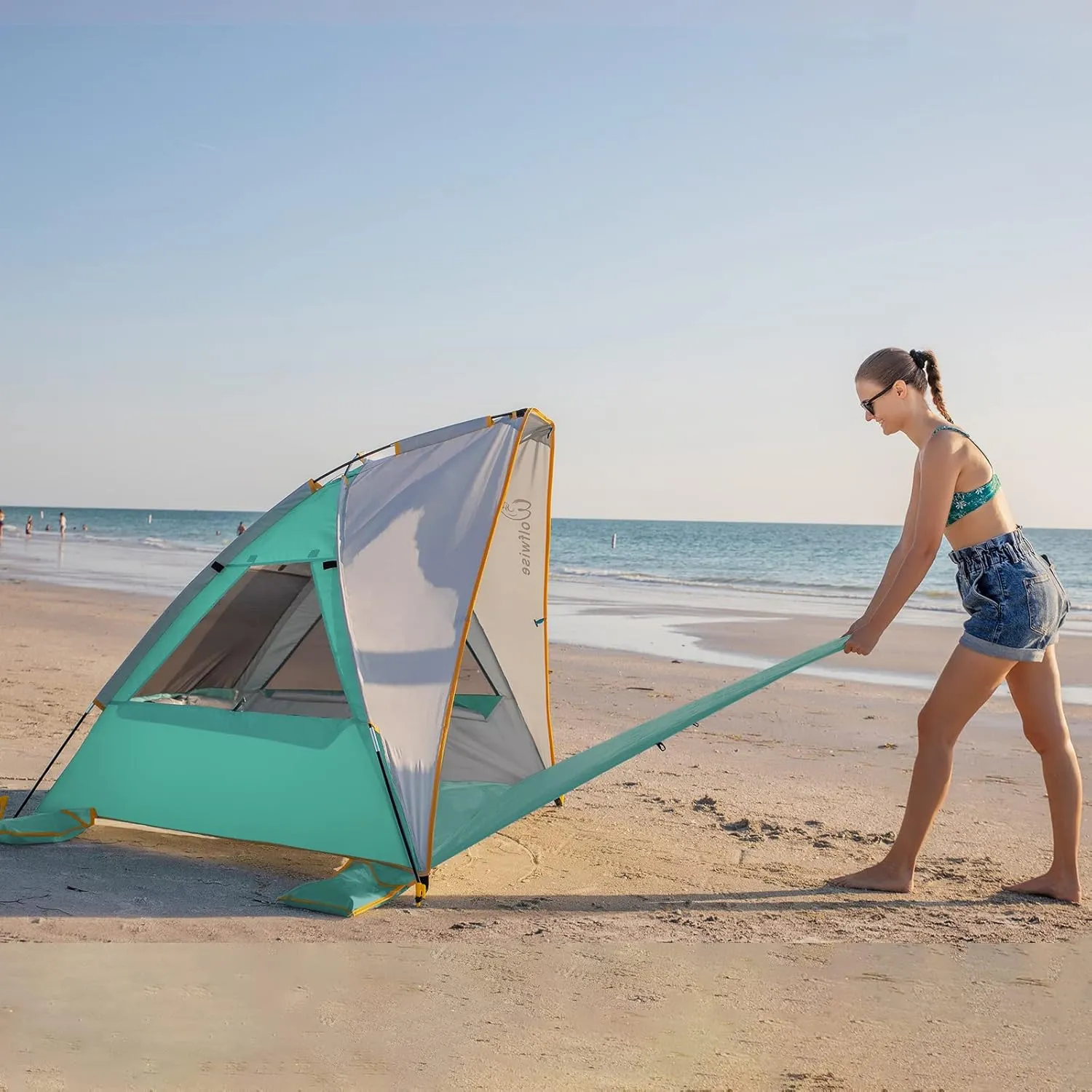 WolfWise 2-3 Person Portable Beach Tent UPF 50  Sun Shade Canopy Umbrella with Extendable Floor, Mint Green