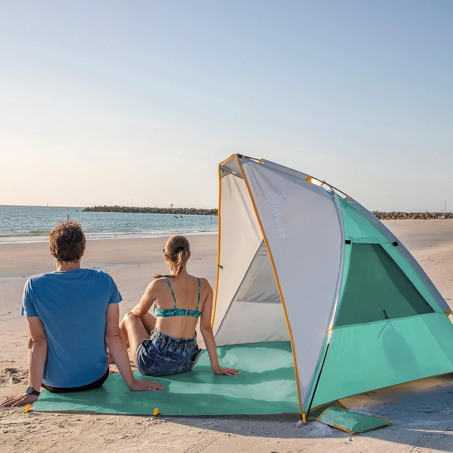 WolfWise 2-3 Person Portable Beach Tent UPF 50  Sun Shade Canopy Umbrella with Extendable Floor, Mint Green