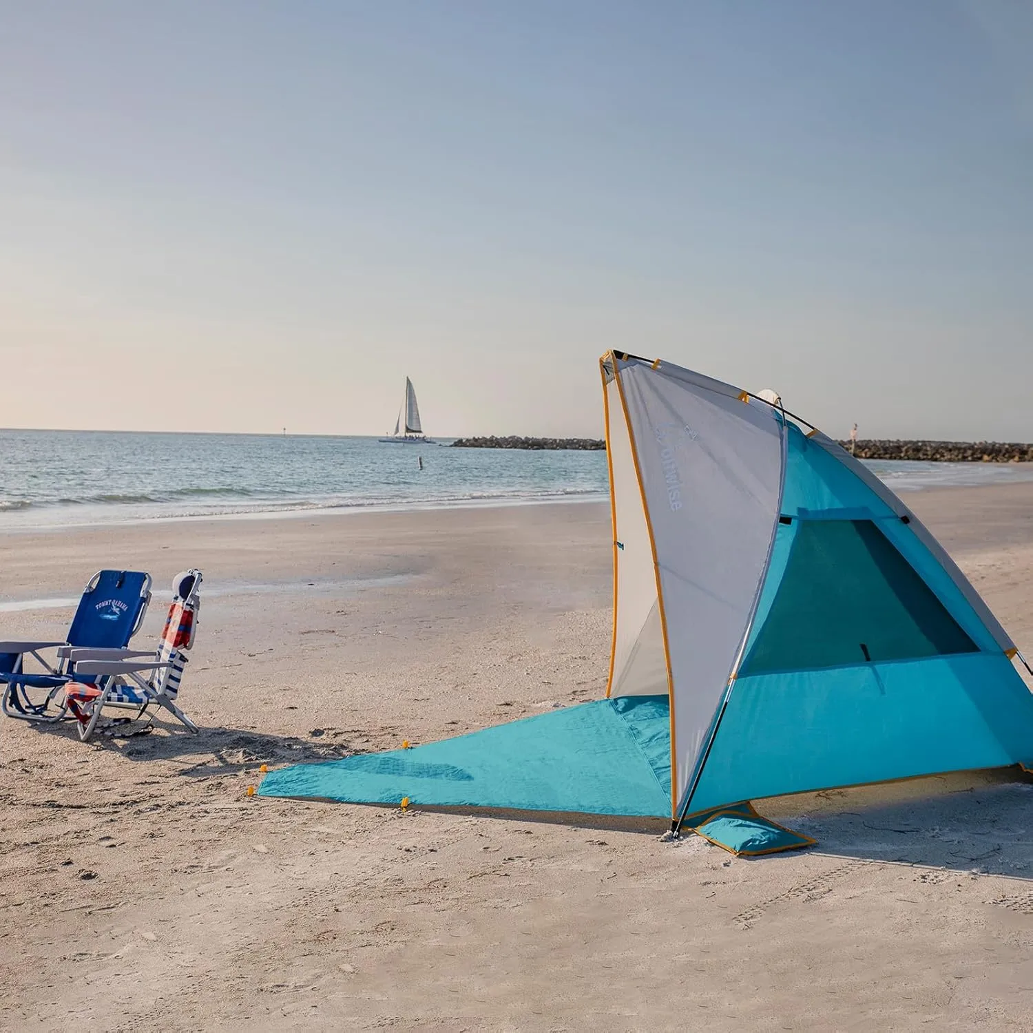 WolfWise 6-7 Person Portable Beach Tent UPF 50  Sun Shade Canopy Umbrella with Extendable Floor, Blue