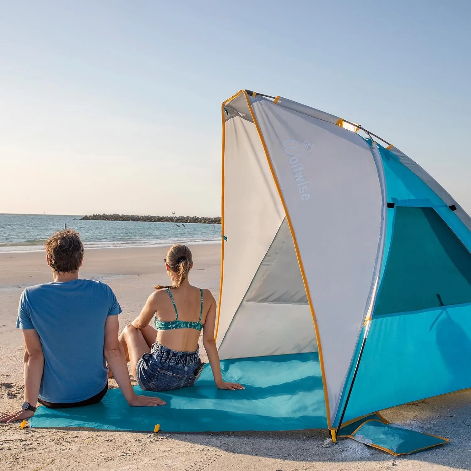 WolfWise 6-7 Person Portable Beach Tent UPF 50  Sun Shade Canopy Umbrella with Extendable Floor, Blue