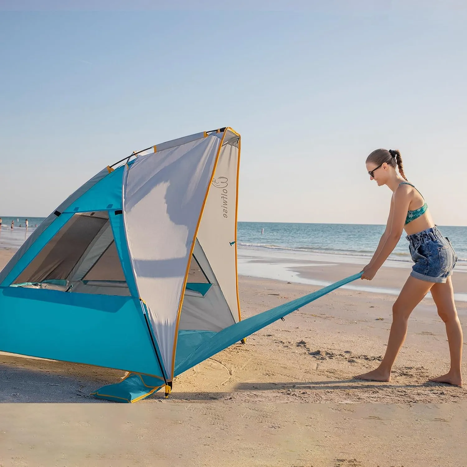 WolfWise 6-7 Person Portable Beach Tent UPF 50  Sun Shade Canopy Umbrella with Extendable Floor, Blue