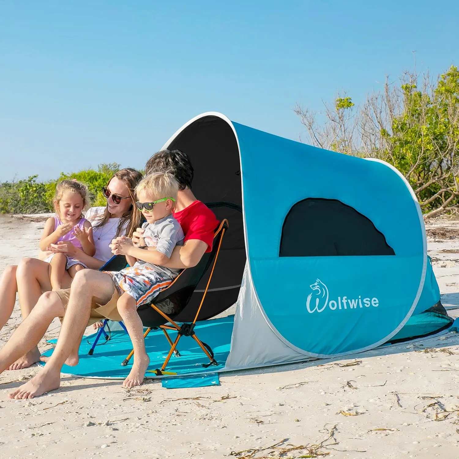 WolfWise UPF 50  Easy Pop Up 3-4 Person Beach Tent Sport Umbrella Instant Sun Shelter Tent Sun Shade Canopy, Dark Shelter-Blue