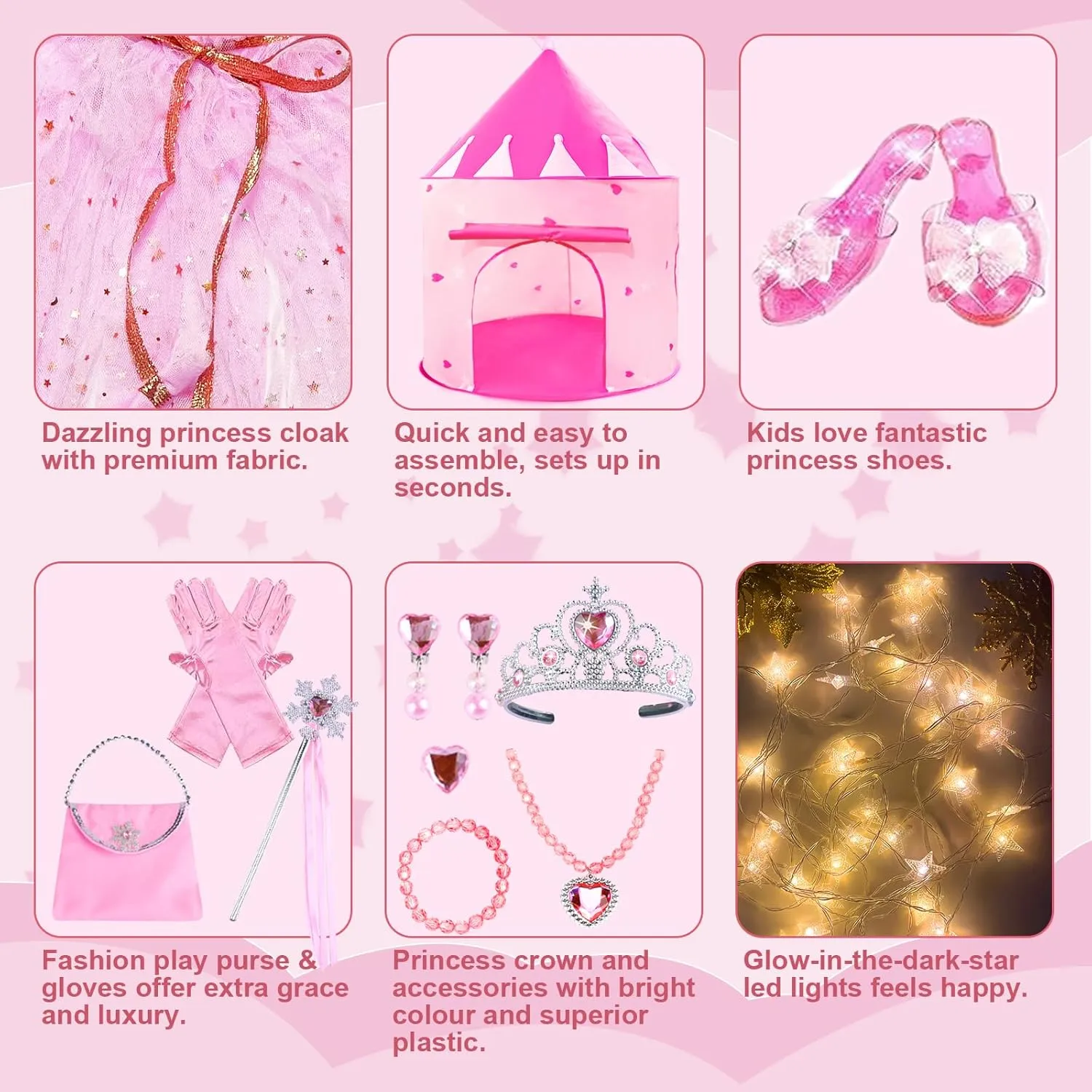 WTOR 15Pcs Princess Castle Play Tent Dress Up with LED Glow in The Dark Stars for Little Girls－Princess Dress Up Cape with Crown,Girl Play Tent/House Toy for Indoor & Outdoor Use (Pink)