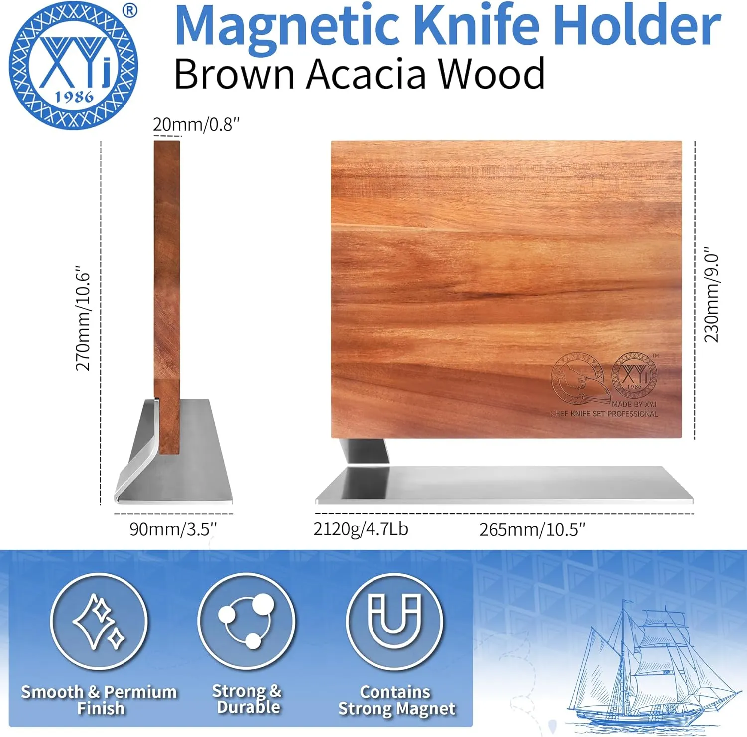 XYJ Authentic Since 1986, Magnetic Knife Block Double Sided Acacia Wood Magnetic Knife Holder with Powerful Magnets, Magnetic Knife Stand, Multifunctional Knife Storage Rack