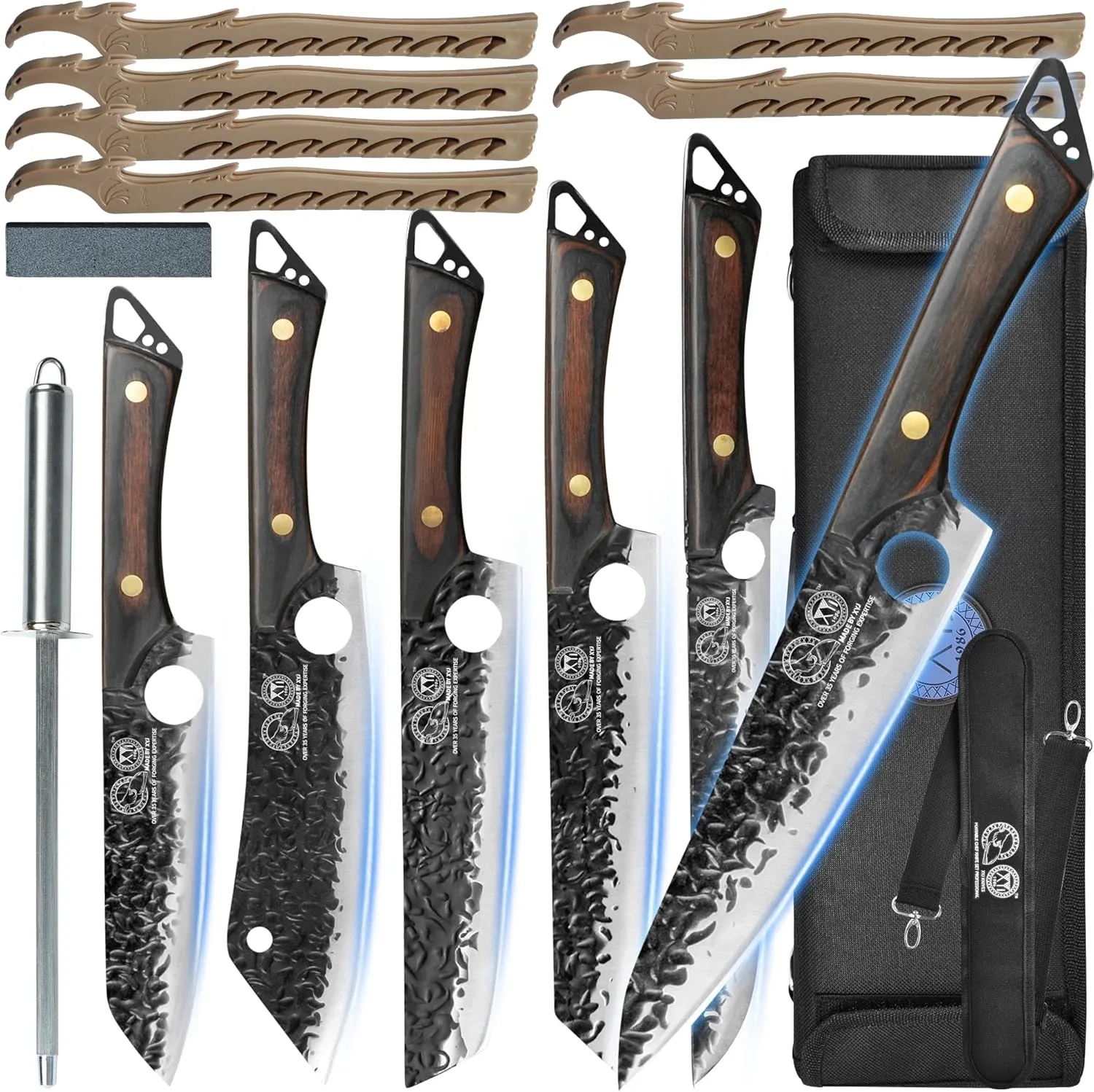 XYJ FULL TANG Camping Kitchen Knives Set With Knife Holder&Chef's Bag&Sharpener Rod 7 7.5 8 9 Inch Slicing Knife For Meat Vegetable Knives Block Sets (Small Texture)