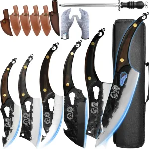 XYJ FULL TANG Outdoor Chef Knife 6-pieces Set Stainless Steel Slice Kitchen Knives Come With Universal Leather Case Carry Knife Bag Cutlery Knives Accessories