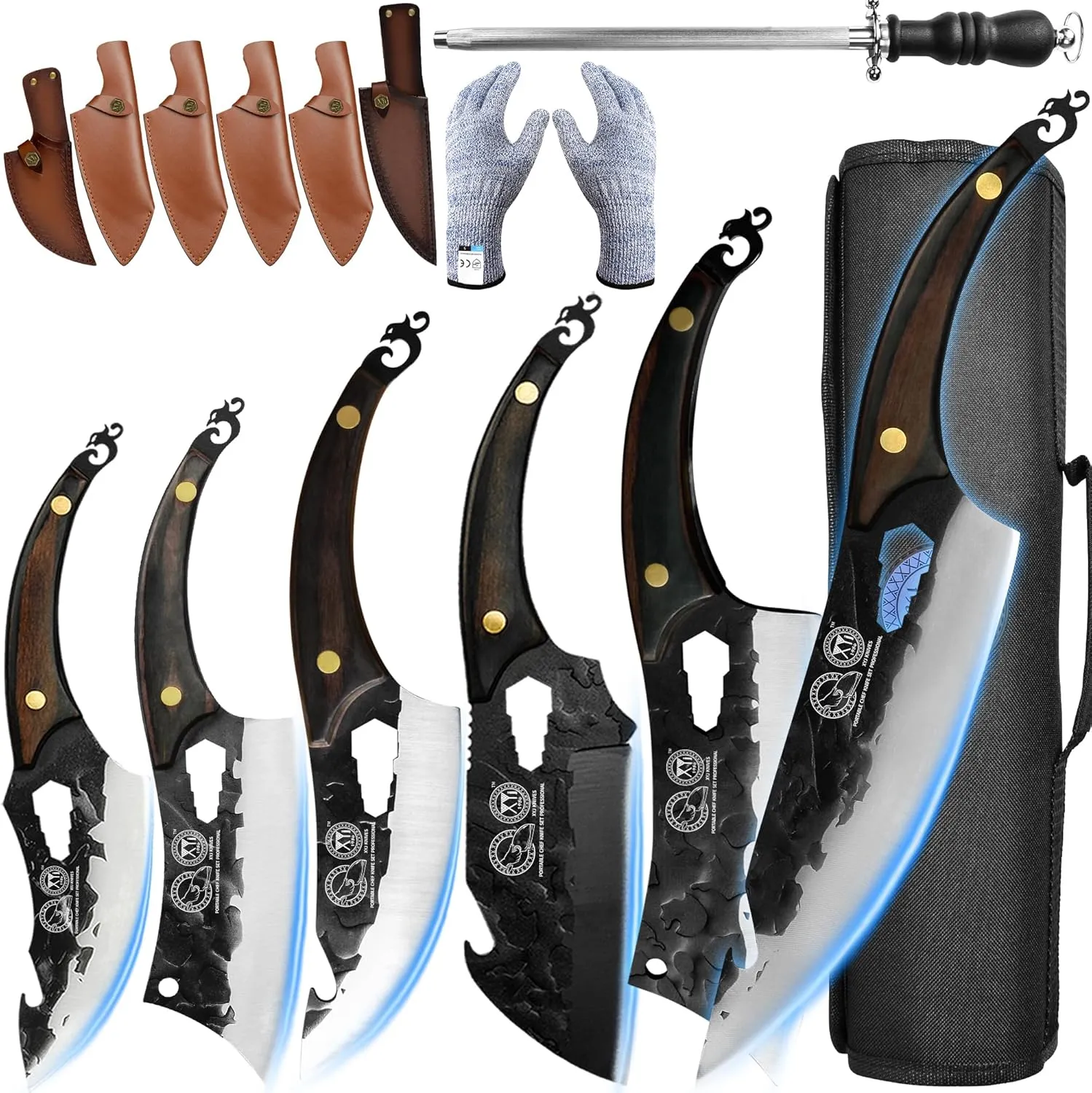 XYJ FULL TANG Outdoor Chef Knife 6-pieces Set Stainless Steel Slice Kitchen Knives Come With Universal Leather Case Carry Knife Bag Cutlery Knives Accessories