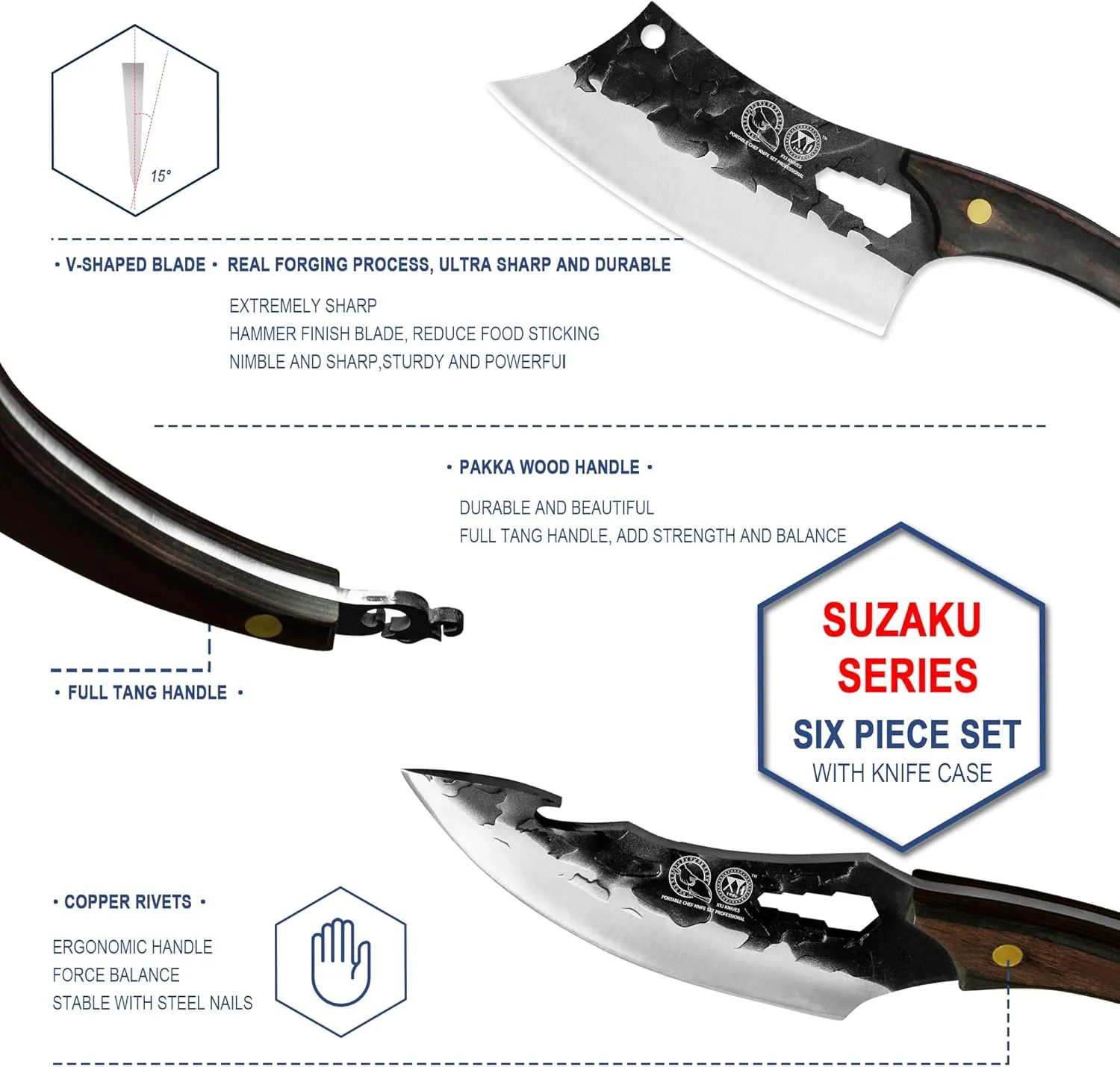 XYJ FULL TANG Outdoor Chef Knife 6-pieces Set Stainless Steel Slice Kitchen Knives Come With Universal Leather Case Carry Knife Bag Cutlery Knives Accessories