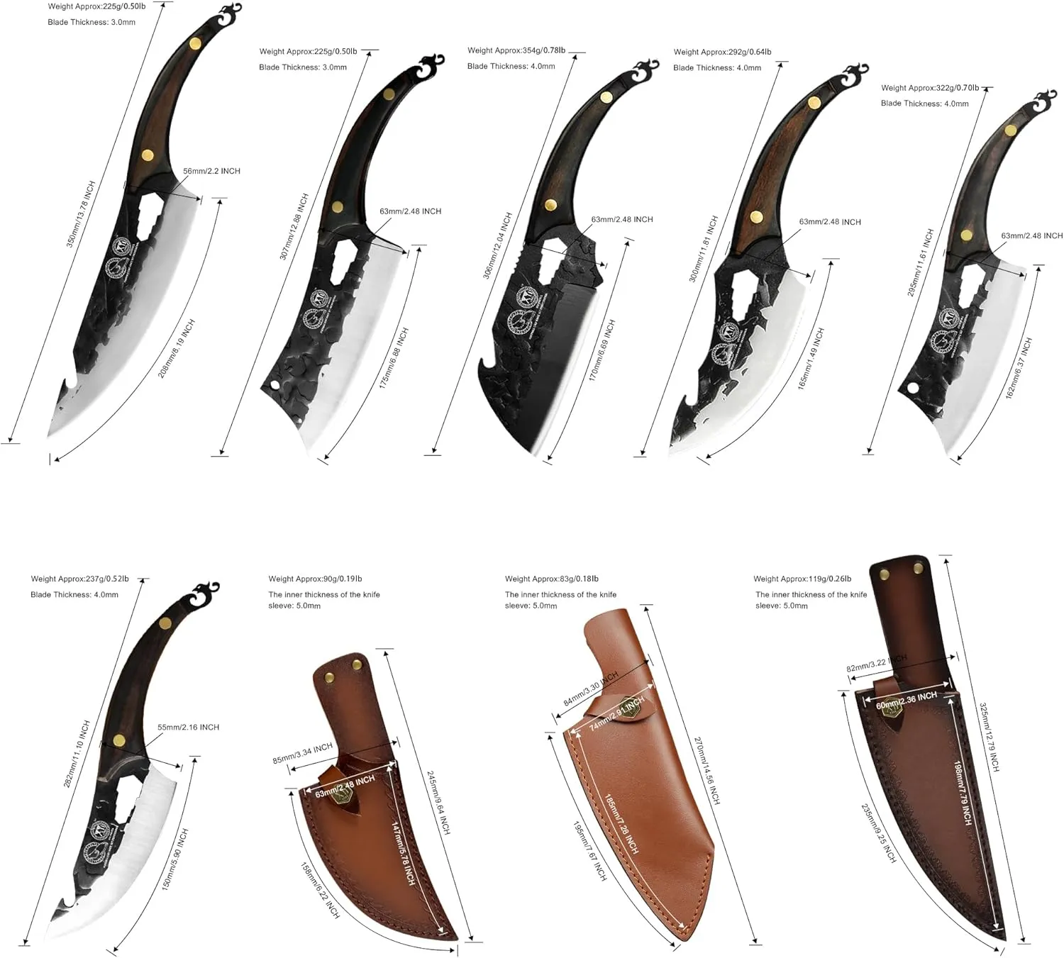 XYJ FULL TANG Outdoor Chef Knife 6-pieces Set Stainless Steel Slice Kitchen Knives Come With Universal Leather Case Carry Knife Bag Cutlery Knives Accessories
