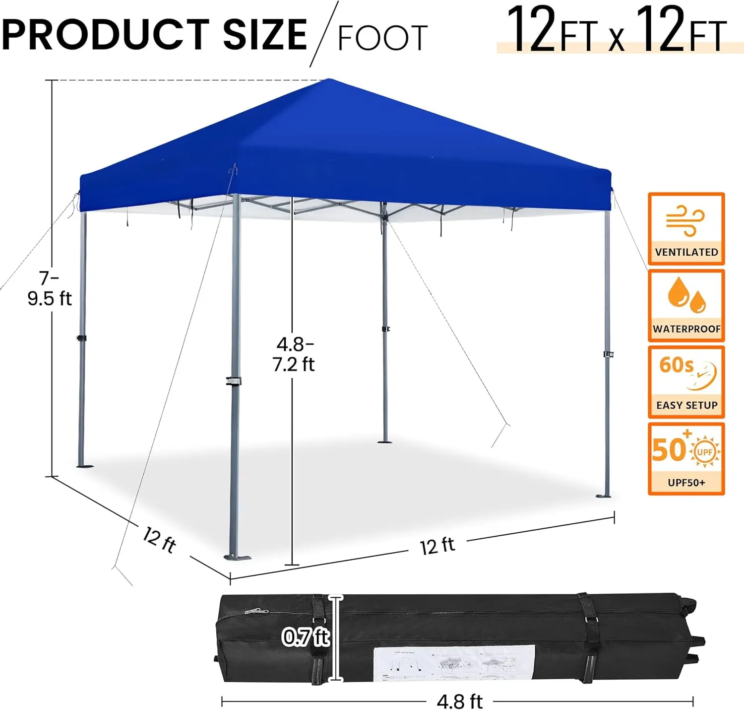 Yaheetech 12x12 Pop Up Canopy Easy Set-up Tent, Portable Outdoor Canopy Instant Tent, Commercial Gazebo with Wheeled Carry Bag & 4 Sandbags for Home, Party & Outdoor Activities, Blue