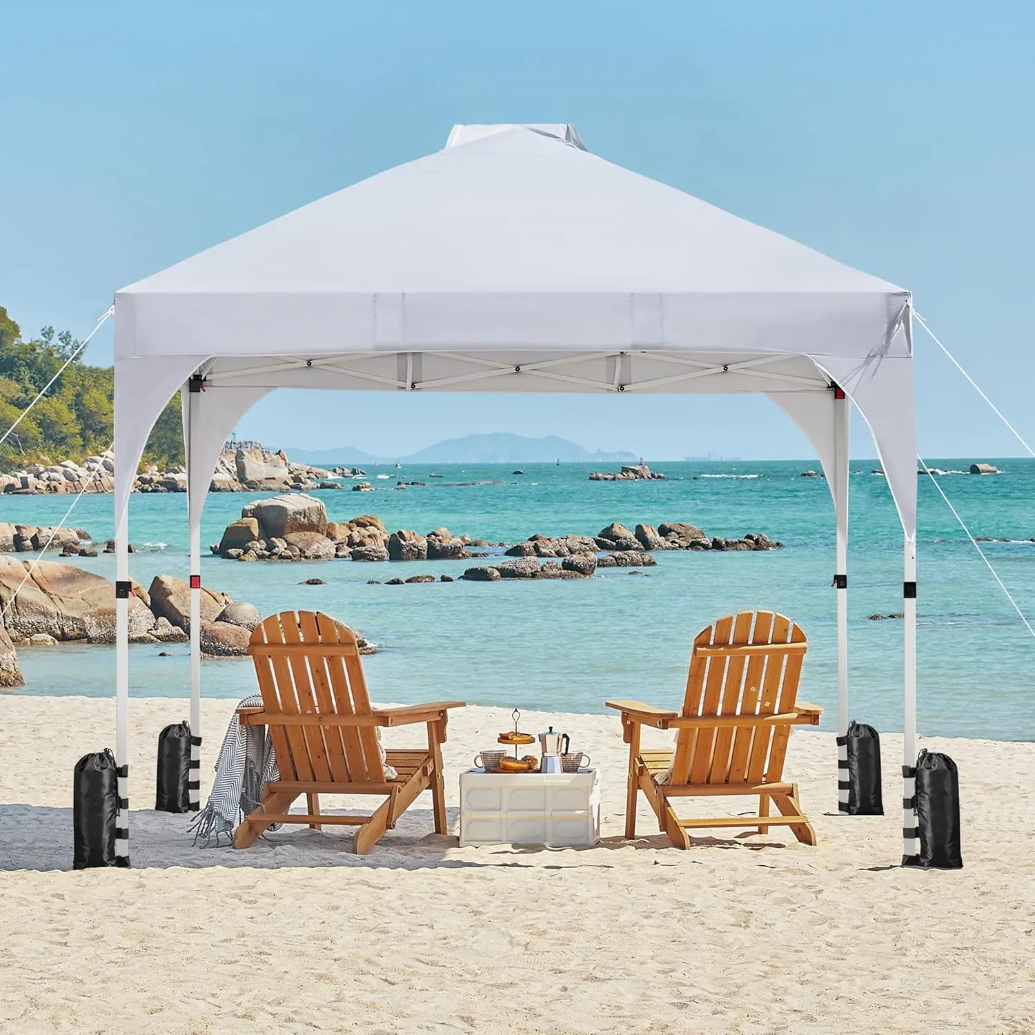 Yaheetech 6.6x6.6 Pop Up Canopy Tent with Vent, Easy Set Up Tent, Instant Sun Shelter Canopy with Wheeled Bag, 4 Sandbags, 8 Stakes & 4 Ropes, for Parties, Beach, Outdoor, White
