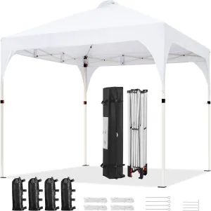 Yaheetech 6.6x6.6 Pop Up Canopy Tent with Vent, Easy Set Up Tent, Instant Sun Shelter Canopy with Wheeled Bag, 4 Sandbags, 8 Stakes & 4 Ropes, for Parties, Beach, Outdoor, White