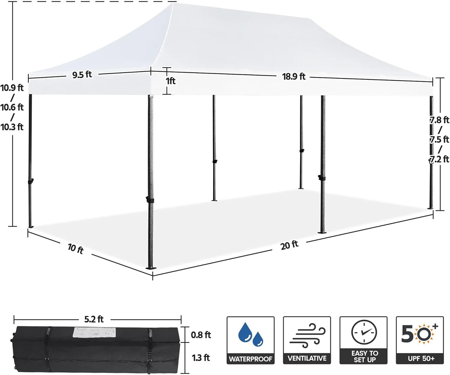 Yaheetech Heavy Duty Pop Up Canopy Tent, 10x20 Commercial Instant Shelter Tent for Wedding, Parties, Adjustable Outdoor Canopy with Wheeled Carry Bag, 6 Sandbags & 10 Stakes, White