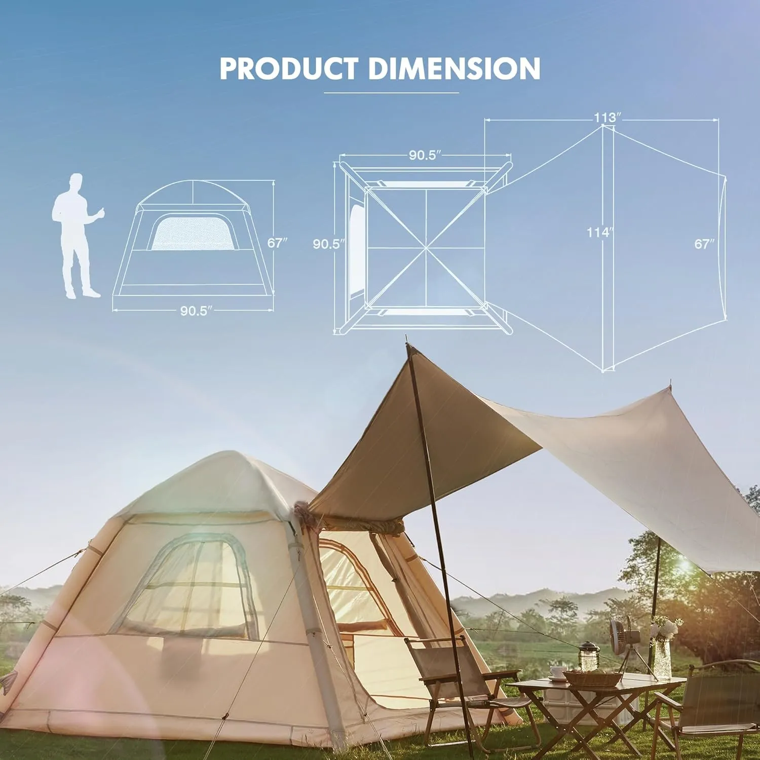 Yoleny 4/6/8/10/12 Person Inflatable Camping Tent with Extended Canopy, Mesh Windows & Pump, 4 Season Glamping Tent with 1-2 Room, Upgraded Waterproof Oxford, Easy Setup