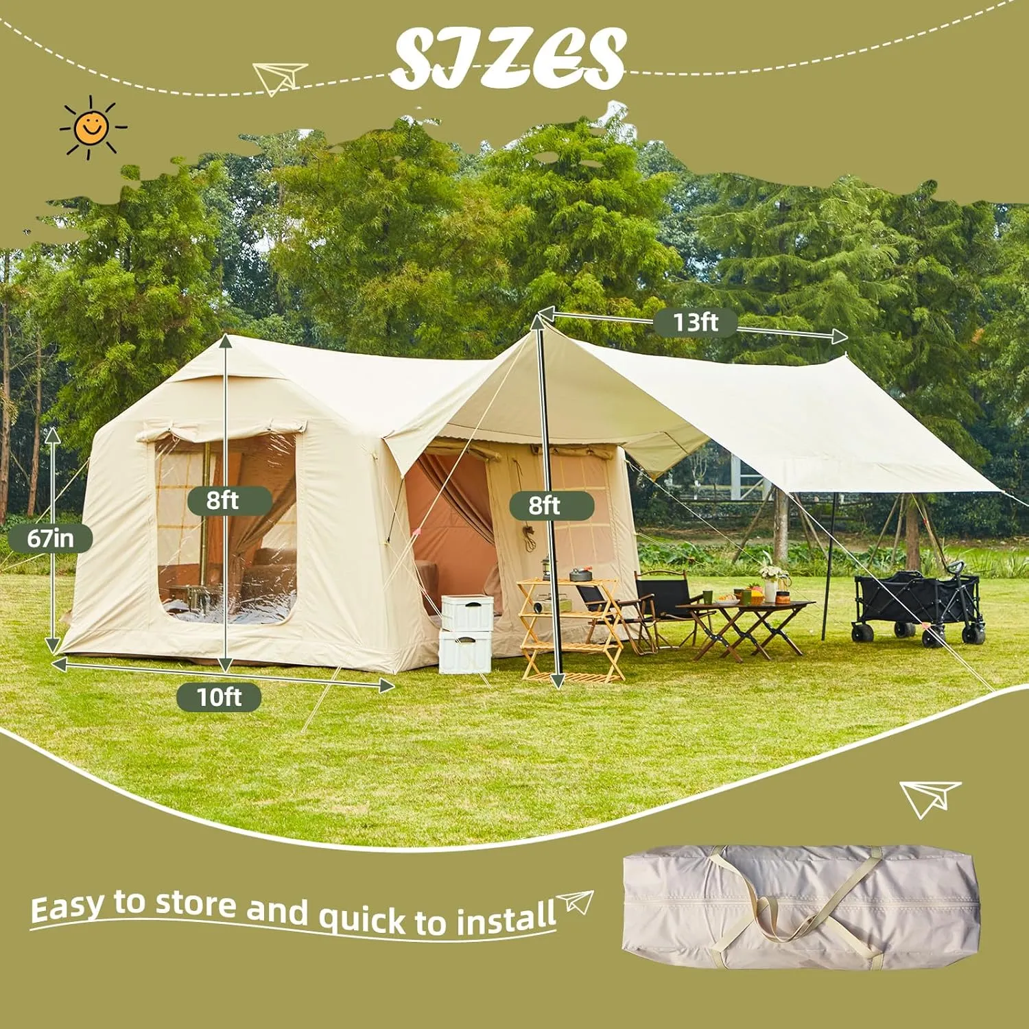 Yoleny 4/6/8/10/12 Person Inflatable Camping Tent with Extended Canopy, Mesh Windows & Pump, 4 Season Glamping Tent with 1-2 Room, Upgraded Waterproof Oxford, Easy Setup